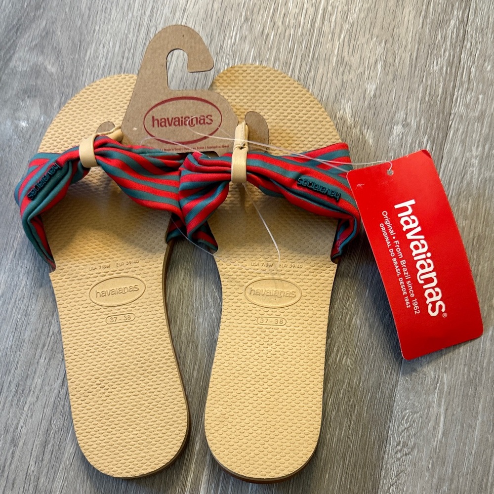 Havaianas Tan Flip Flops with Red and Green Striped Straps